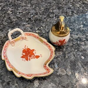 Porcelain Trinket Dish and Lidded Jar with Orange Floral Motif
